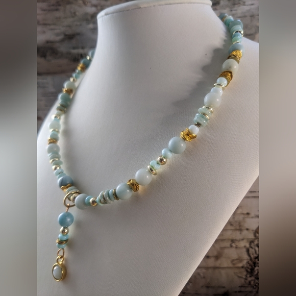 Mint Blue Natural Amazonite Bead & Amazonite Pendant In Gold Plated Necklace - Picture 3 of 9